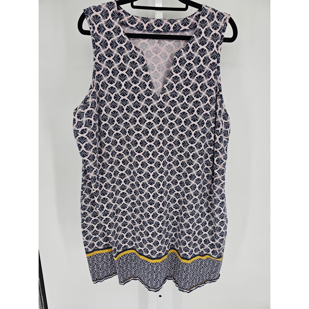 Lands' End Sleeveless Navy and White Printed Shift with Yellow Trim